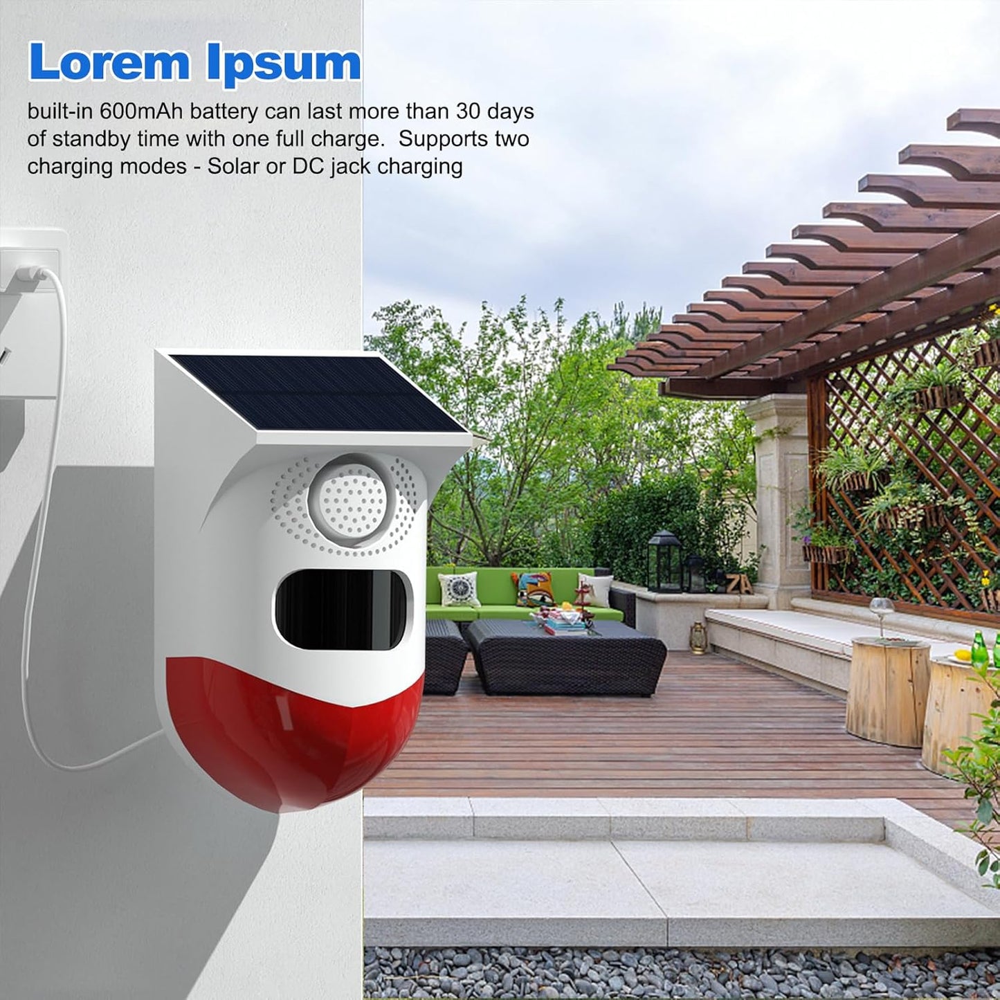 Zonne-energie Bewegingssensoralarm met 120 dB Sirene en LED-stroboscoop – Feronix