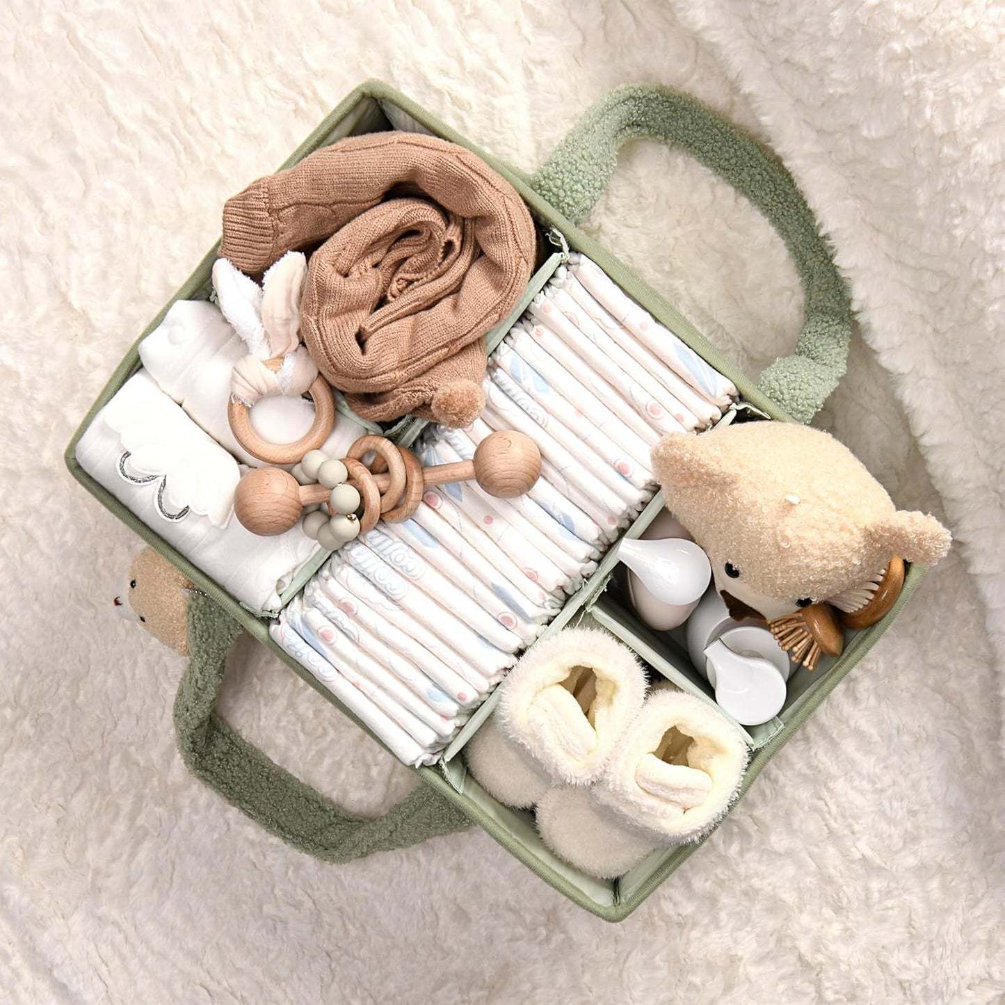 Baby Luiertas Caddy Organizer – Zachte Sherpa Opbergmand met Compartimenten – Elvoria