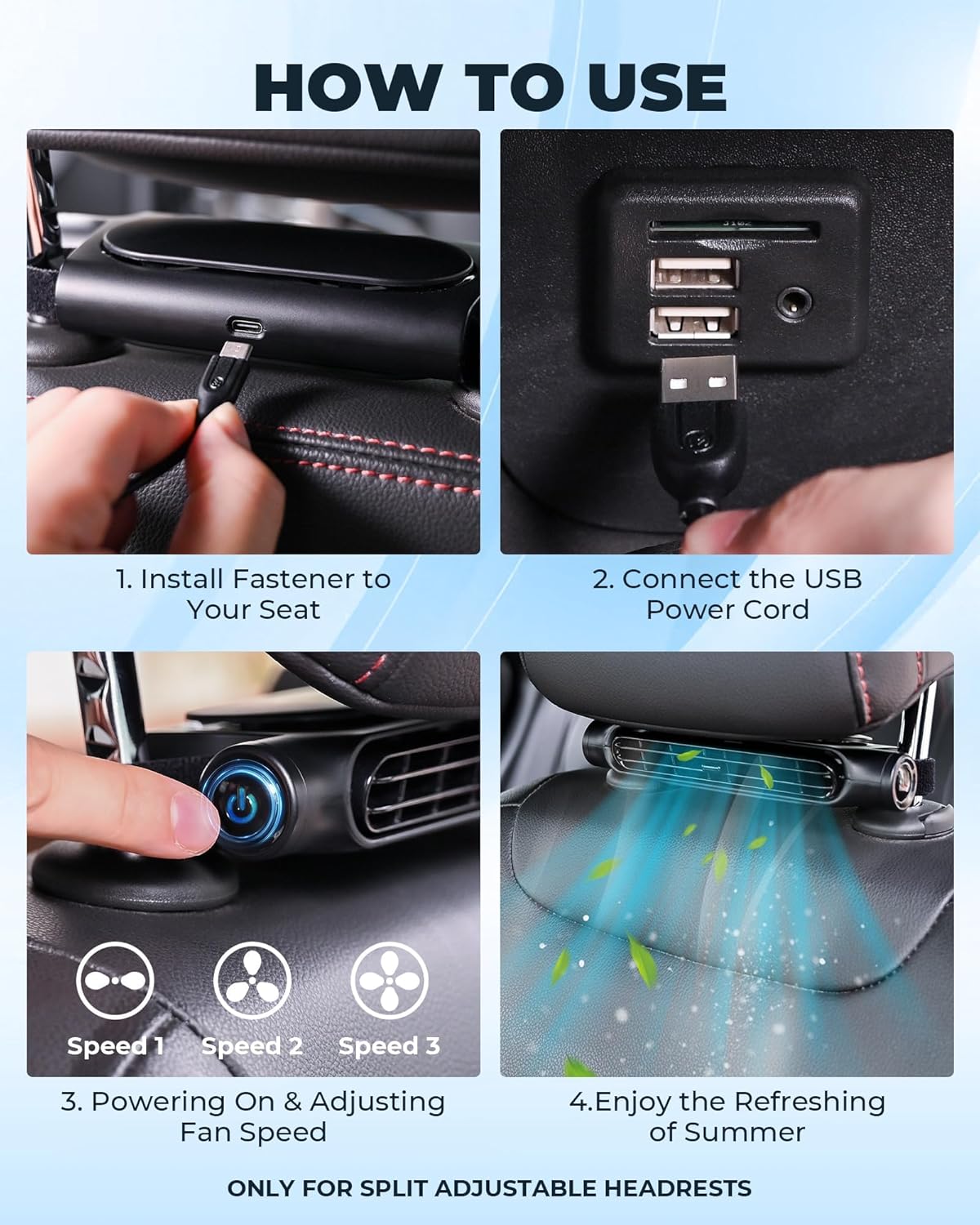 3 Snelheden USB Auto Koelventilator & Hoofdsteun Bevestiging – AutoBreeze