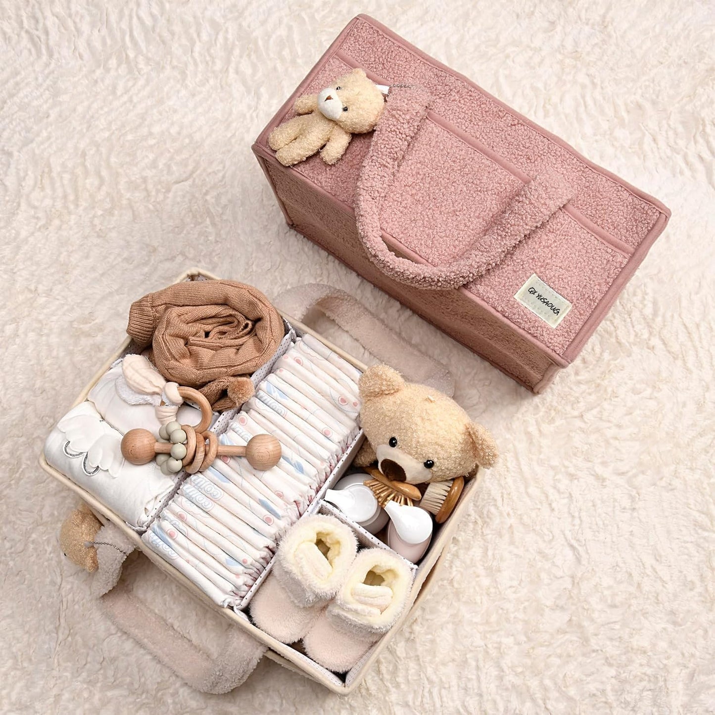 Baby Luiertas Caddy Organizer – Zachte Sherpa Opbergmand met Compartimenten – Elvoria