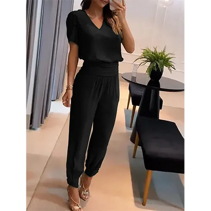 Trendy dames jumpsuit met korte mouwen en wijde pijpen - Alina