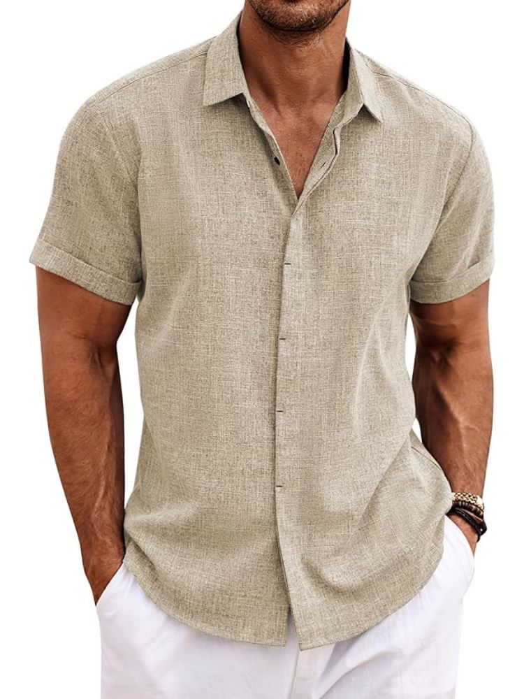 Beige herenoverhemd met korte mouwen en linnenlook, voorkant