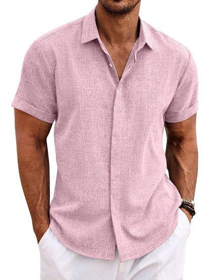 Roze herenoverhemd met korte mouwen en gestructureerde linnenlook, voorkant