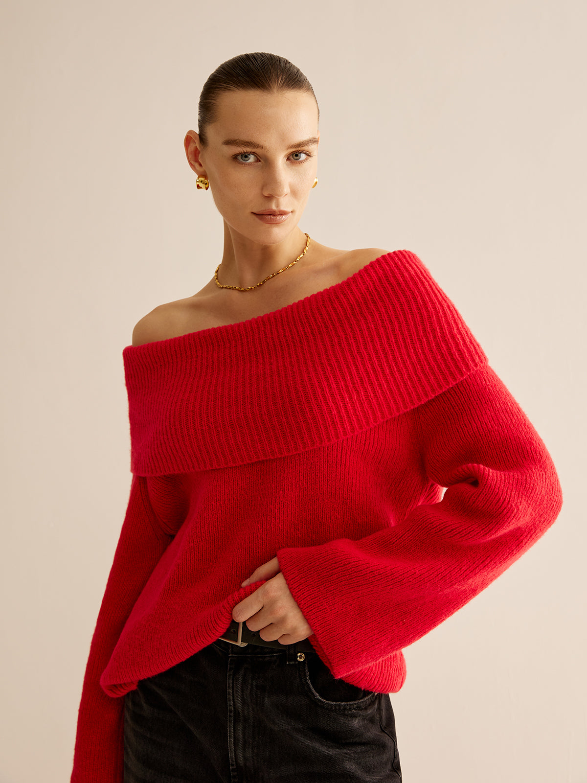 Rode Off Shoulder Trui voor Dames - Livia