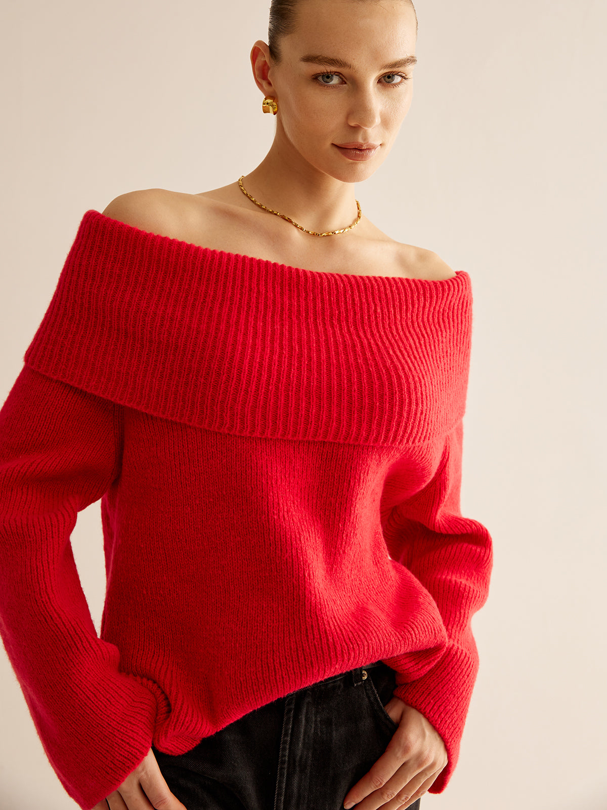 Rode Off Shoulder Trui voor Dames - Livia