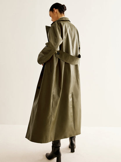 Vintage Groene Lange Lederen Jas voor Dames - Aurelia