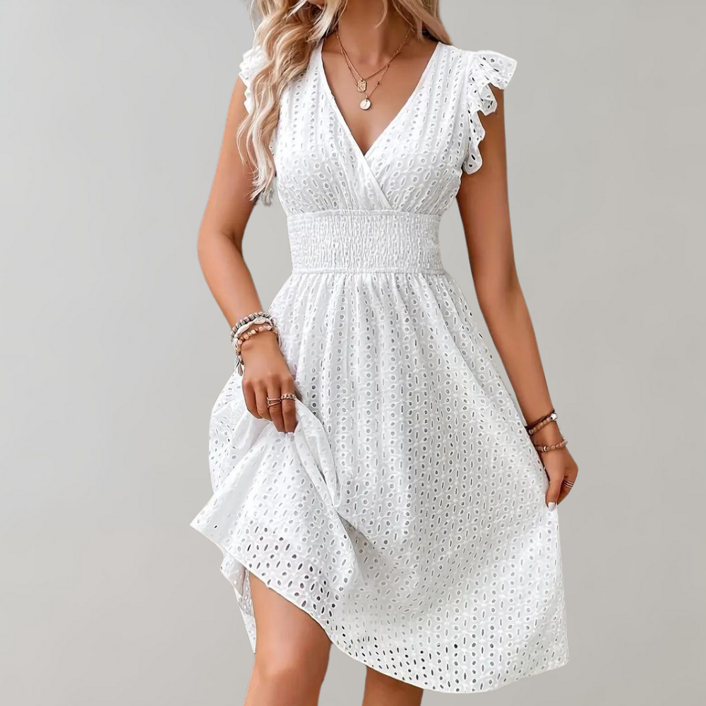 Witte Zomer Jurk met Geruffelde Mouwen - Lina
