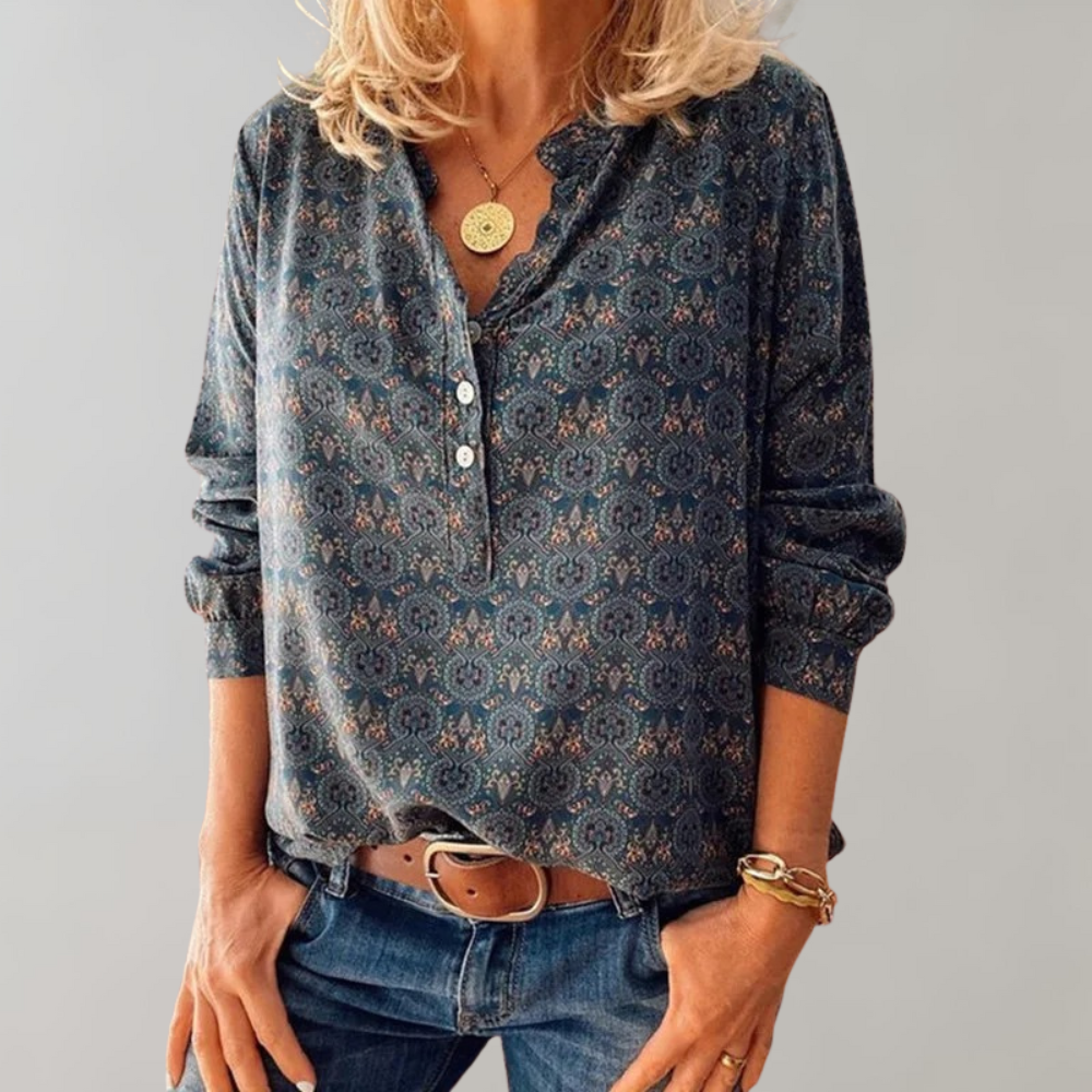 Vintage Damesblouse met Knoopsluiting en Print – Selina