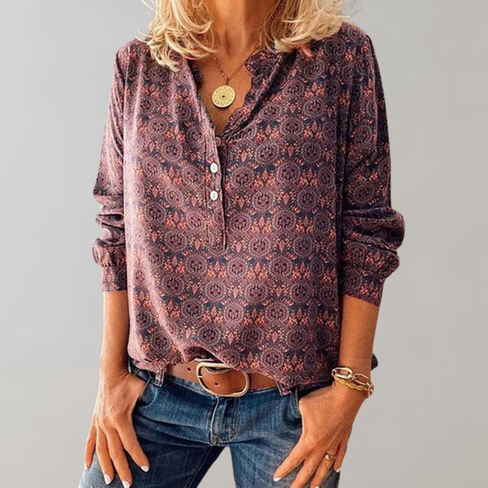 Vintage Damesblouse met Knoopsluiting en Print – Selina