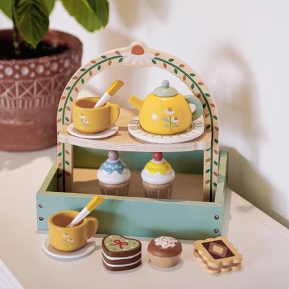Houten theesetje voor kinderen met cupcakes en theepot – Speeltijd