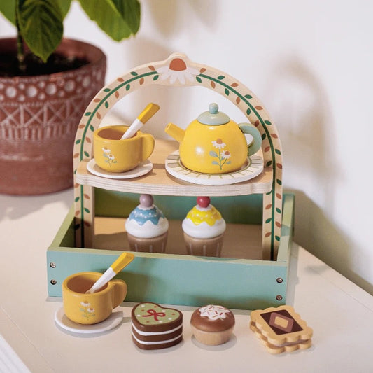 Houten theesetje voor kinderen met cupcakes en theepot – Speeltijd