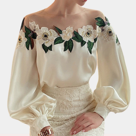 Gebloemde Beige Damesblouse met Losse Pasvorm – Elvira