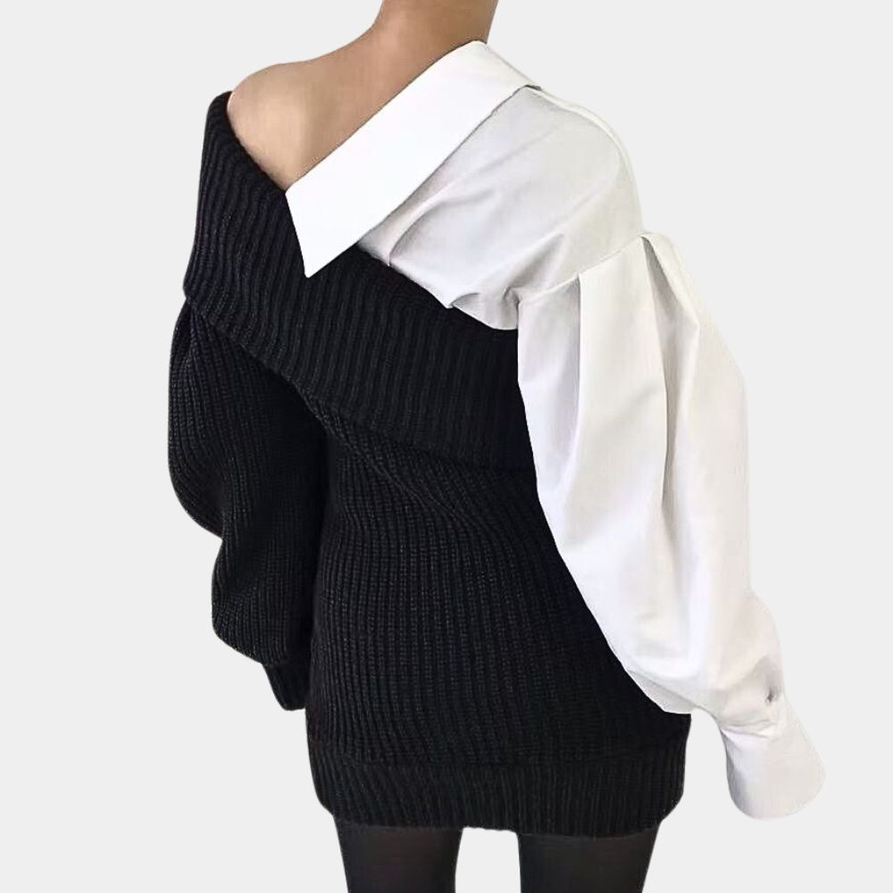 Gebreide Off-Shoulder Jurk met Contrasterende Mouwen – Selina