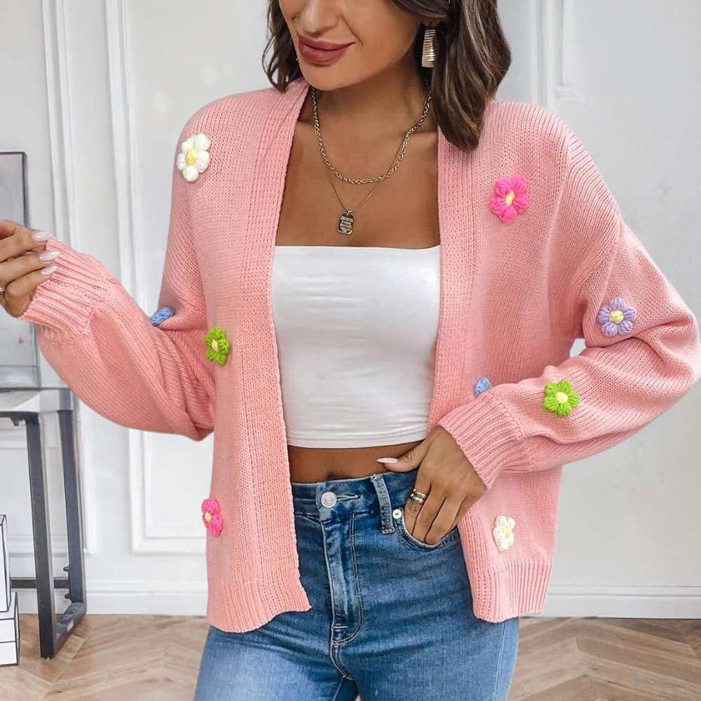Gebreid Damesvest met 3D Bloemen – Maribel