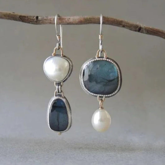 Vintage Oorbellen met Blauwe Natuursteen en Parel - Amalina
