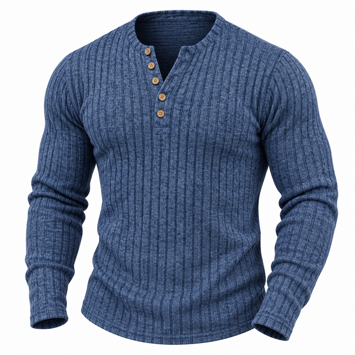 Blauw geribbeld shirt met lange mouwen en vijf houten knopen op witte achtergrond