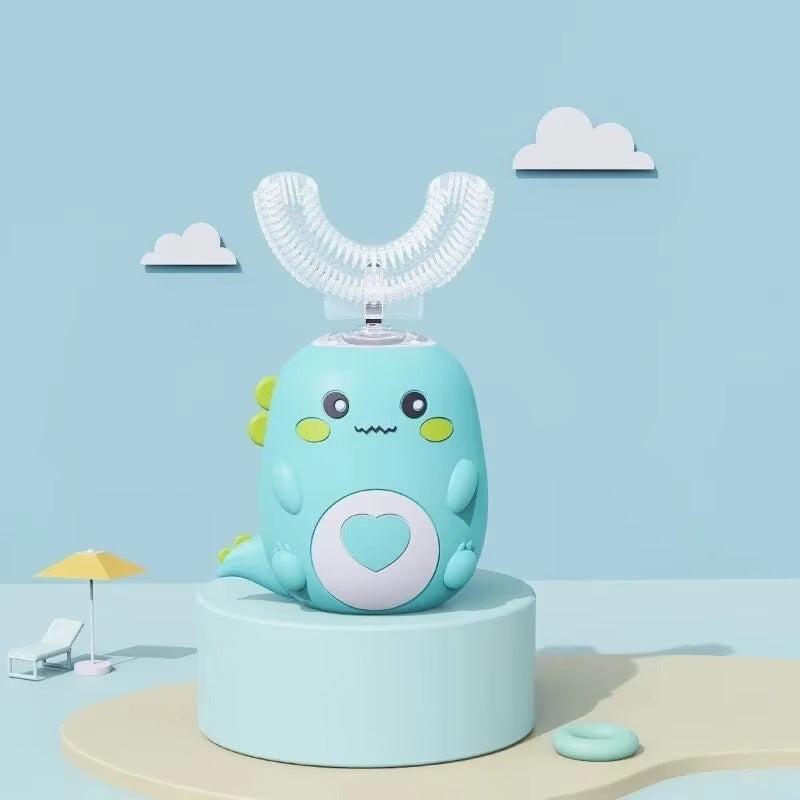U-vormige kindertandenborstel met sonische reiniging en siliconen opzetstuk.