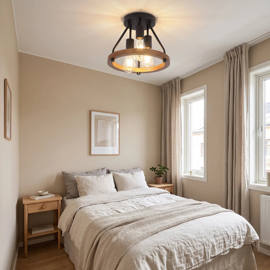 Compacte Plafondlamp met 3 Lichtpunten van Hout en Metaal