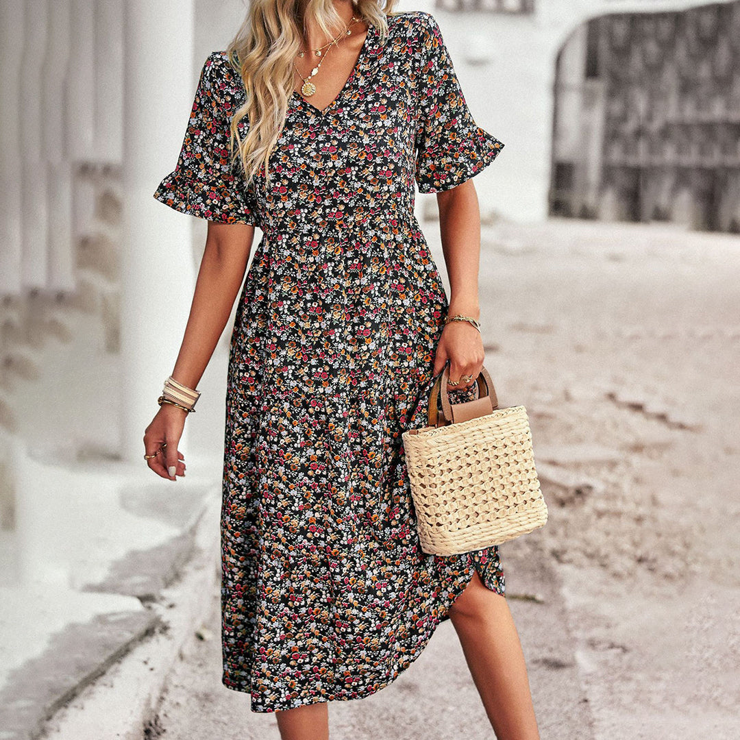 Trendy Bloemenprint Midi Jurk - Livia