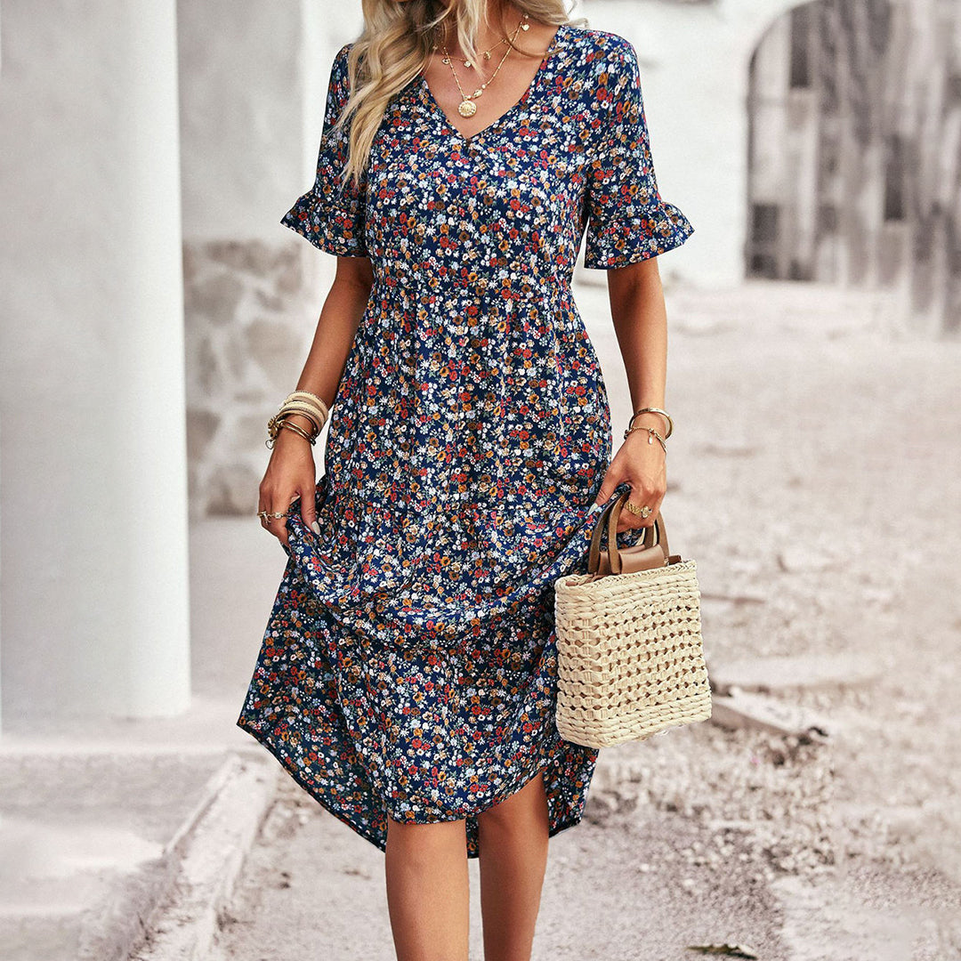 Trendy Bloemenprint Midi Jurk - Livia