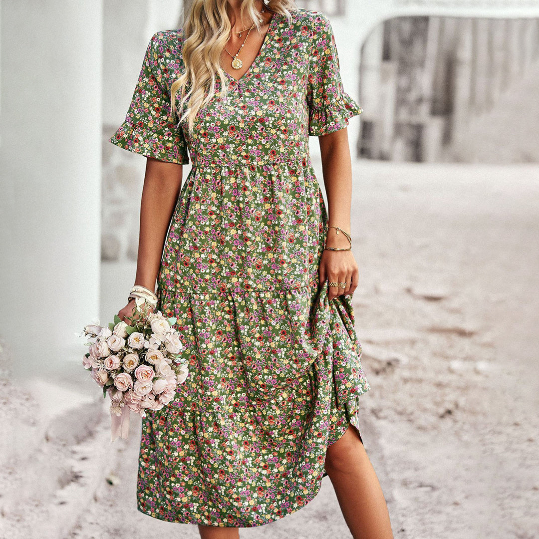 Trendy Bloemenprint Midi Jurk - Livia