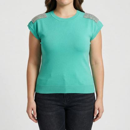 Fitted Rhinestone Shoulder Knit Top - Laura