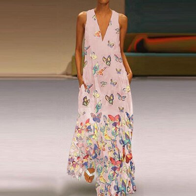 Trendy Mouwloos Maxi Zomerjurk met Vlinderpatroon – Malia