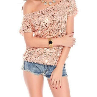 Trendy One Shoulder T-shirt met pailletten voor zomernachten -  GlamGlanz