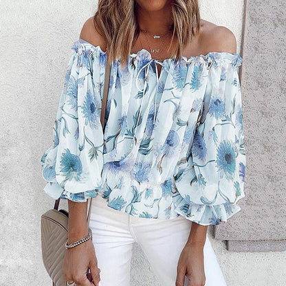 Gebloemde dames chiffon blouse met ruches mouwen – Elvira