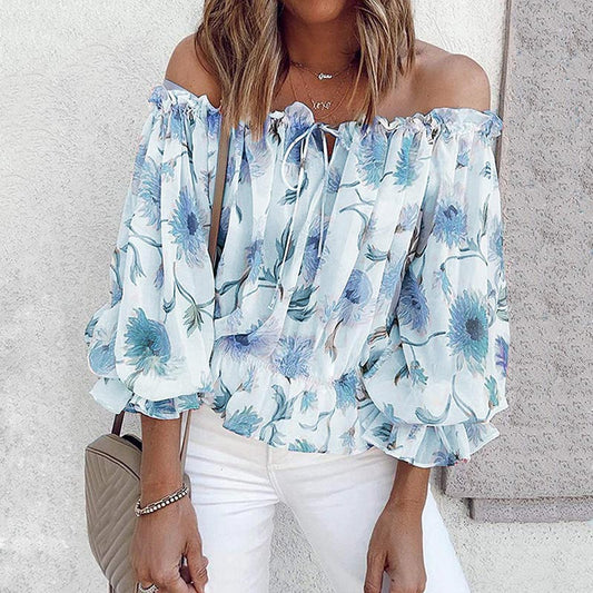 Gebloemde dames chiffon blouse met ruches mouwen – Elvira
