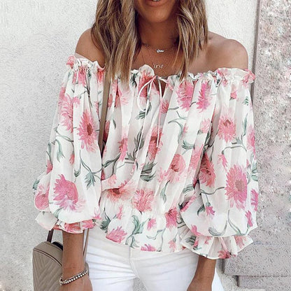 Gebloemde dames chiffon blouse met ruches mouwen – Elvira