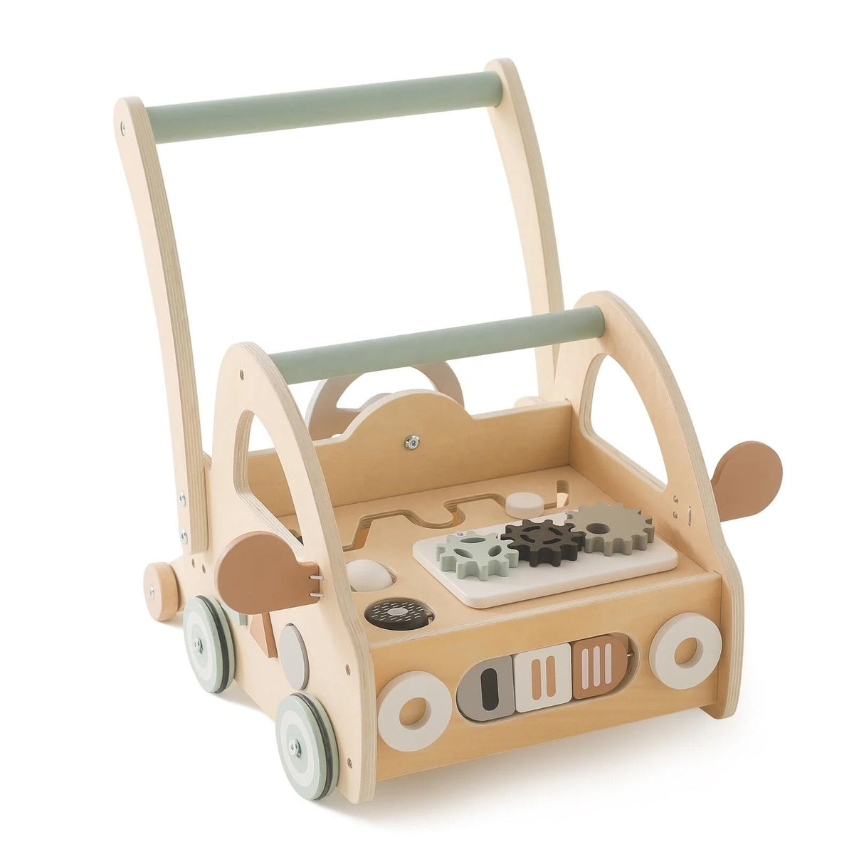 Houten loopwagen met Montessori-speelonderdelen en spiegels.
