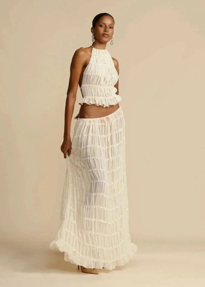 Tweedelige zomeroutfit voor dames met een Boho-rok en een schoudervrije top – Alina