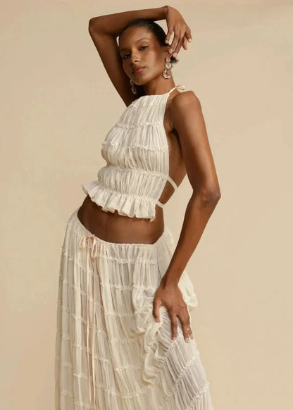 Tweedelige zomeroutfit voor dames met een Boho-rok en een schoudervrije top – Alina
