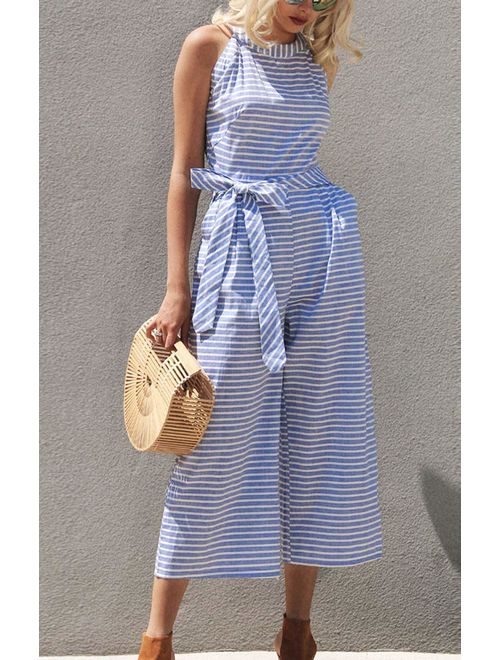Gestreepte zomer jumpsuit voor dames met een wijde pijp en V-hals - Alina