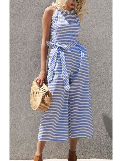 Gestreepte zomer jumpsuit voor dames met een wijde pijp en V-hals - Alina