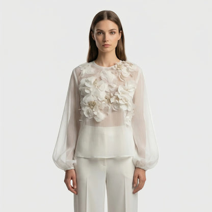 Lichte Blouse Met Driedimensionale Bloemapplicaties - Patricia