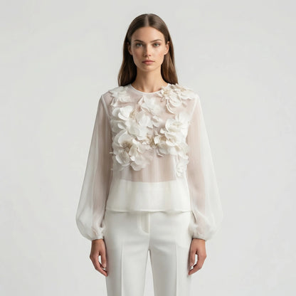 Lichte Blouse Met Driedimensionale Bloemapplicaties - Patricia