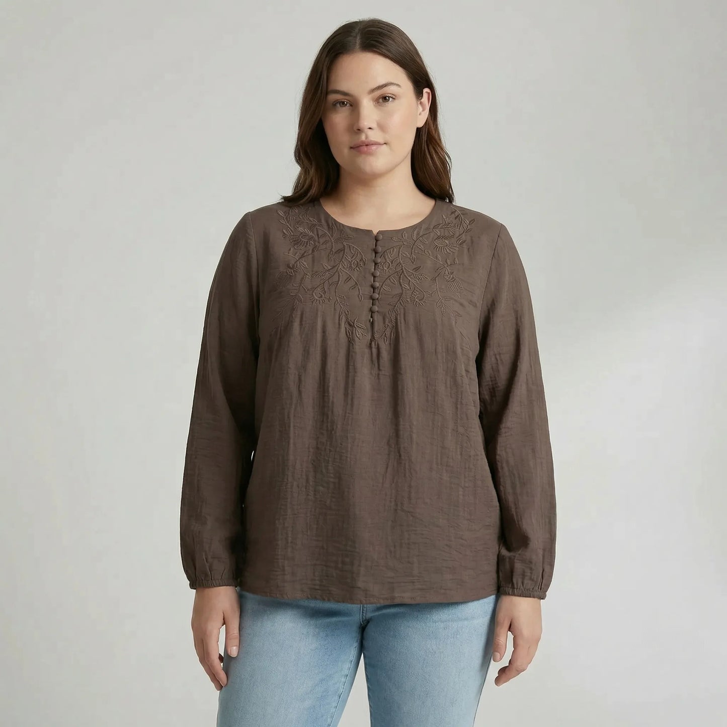 Loose Long Sleeve Embroidered Shirt - Joan