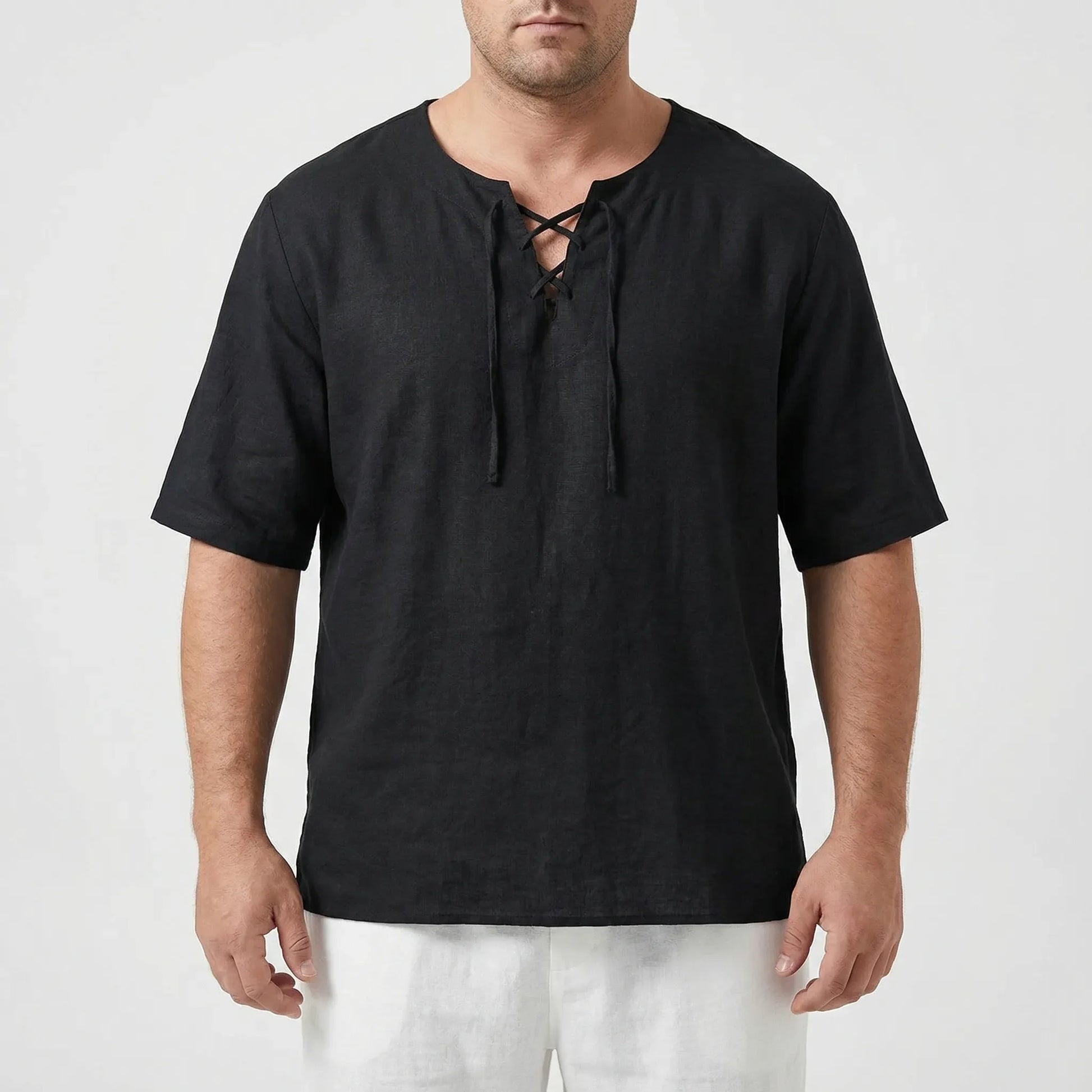 Loose V-Neck Lace-Up Pullover Top - Ian
