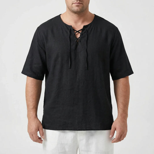 Loose V-Neck Lace-Up Pullover Top - Ian
