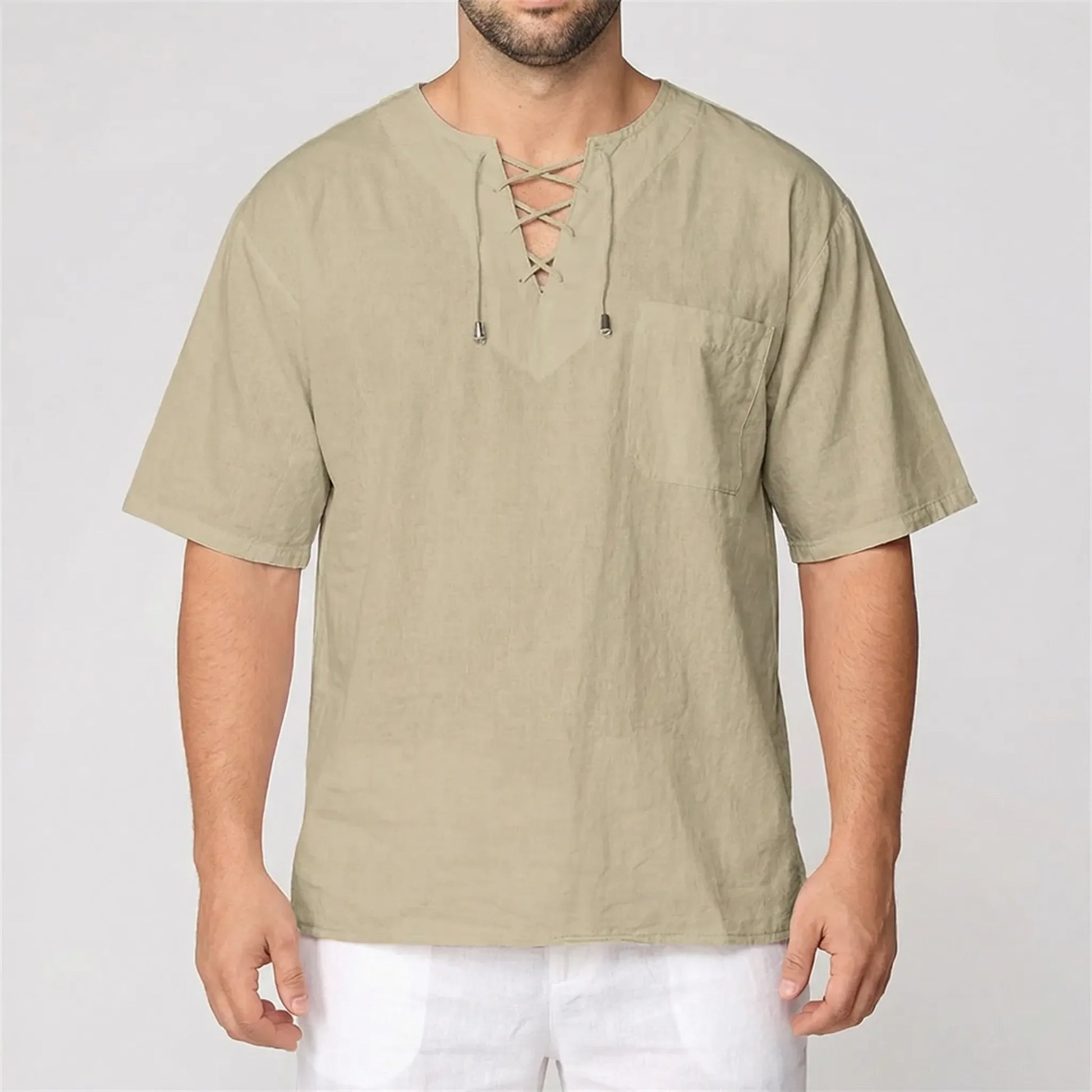 Loose V-Neck Lace-Up Pullover Top - Ian