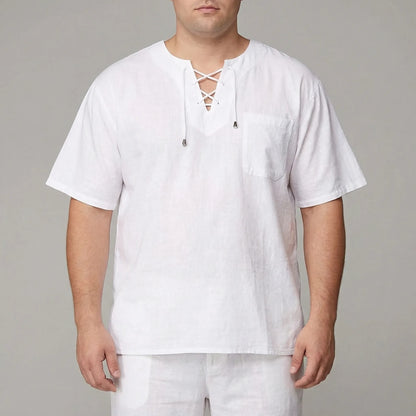 Loose V-Neck Lace-Up Pullover Top - Ian