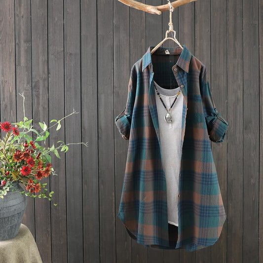 Geruite Lange Dames Blouse met Een Soepele Pasvorm – Rowen