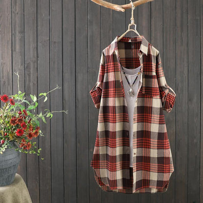 Geruite Lange Dames Blouse met Een Soepele Pasvorm – Rowen
