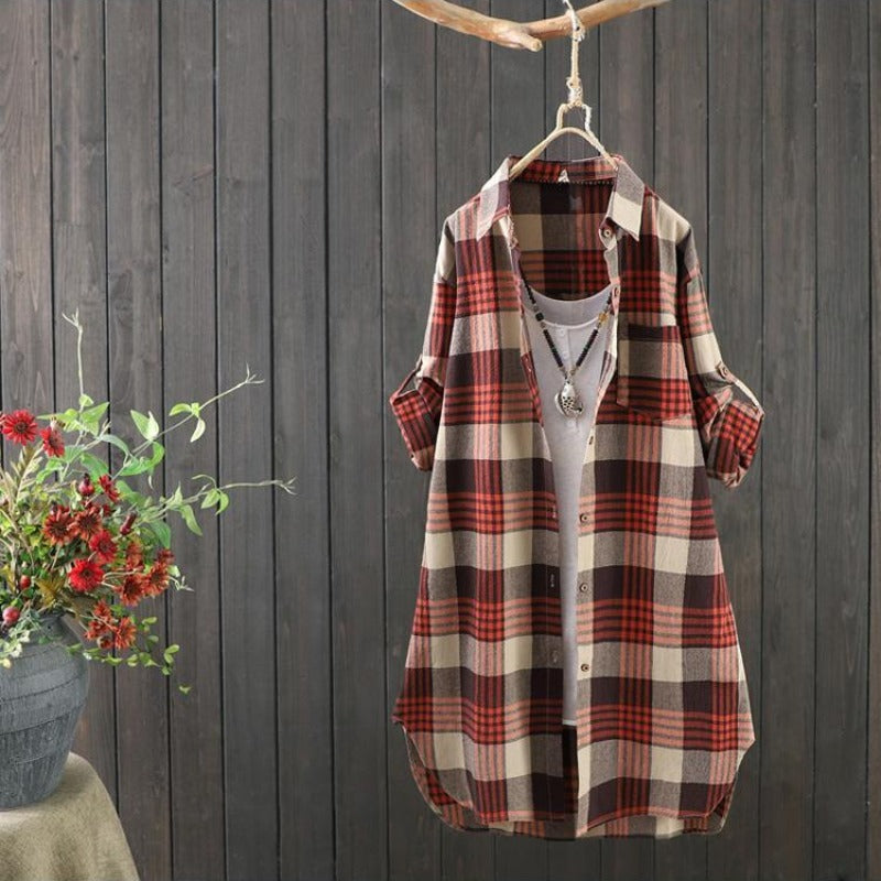 Geruite Lange Dames Blouse met Een Soepele Pasvorm – Rowen