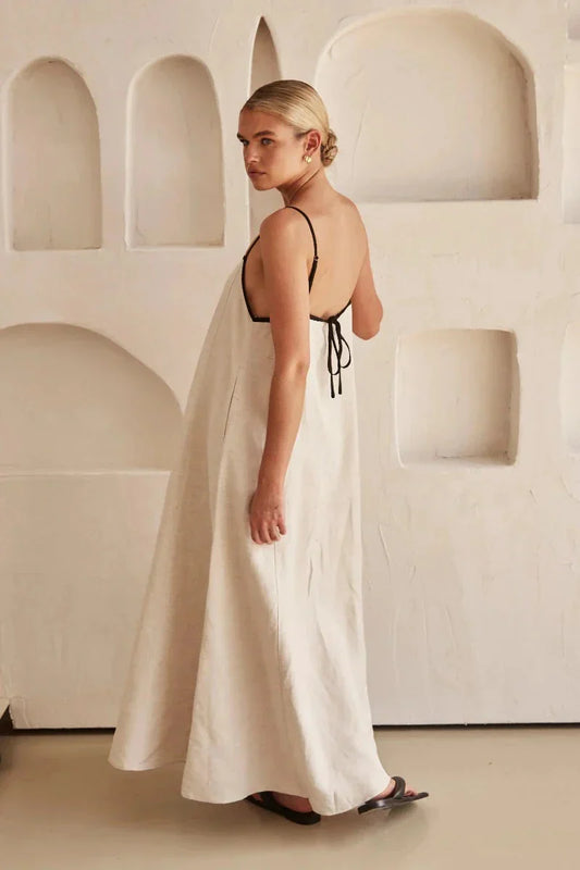 Mouwloze Beige Boho Maxi Jurk in Linnenlook – Elin
