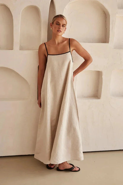 Mouwloze Beige Boho Maxi Jurk in Linnenlook – Elin