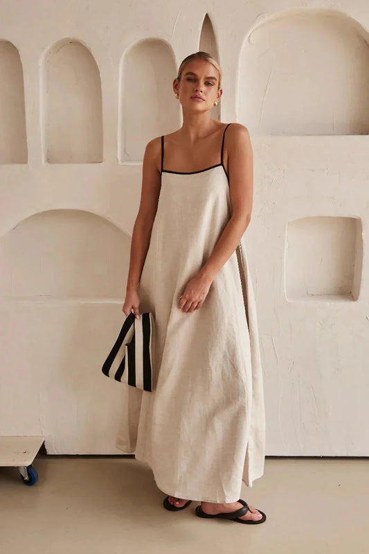 Mouwloze Beige Boho Maxi Jurk in Linnenlook – Elin