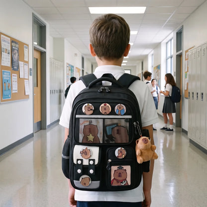 Multi-Pocket Capybara Themed School Rucksack - Viyora